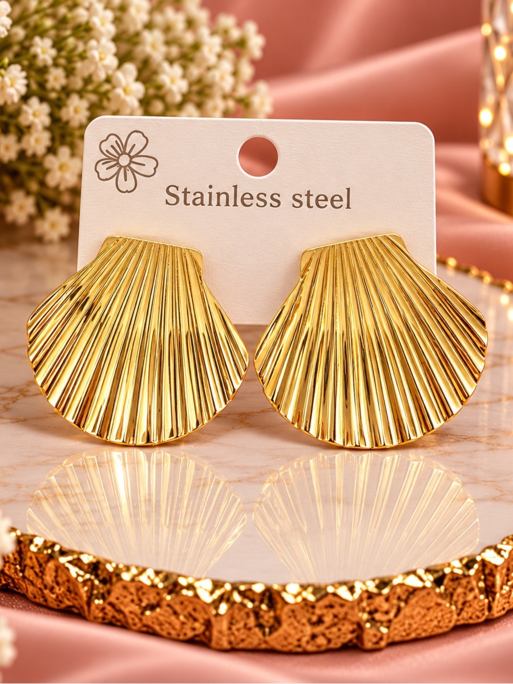 Gold Shell Stainless Steel Stud Earrings - Polished Beach-Pair